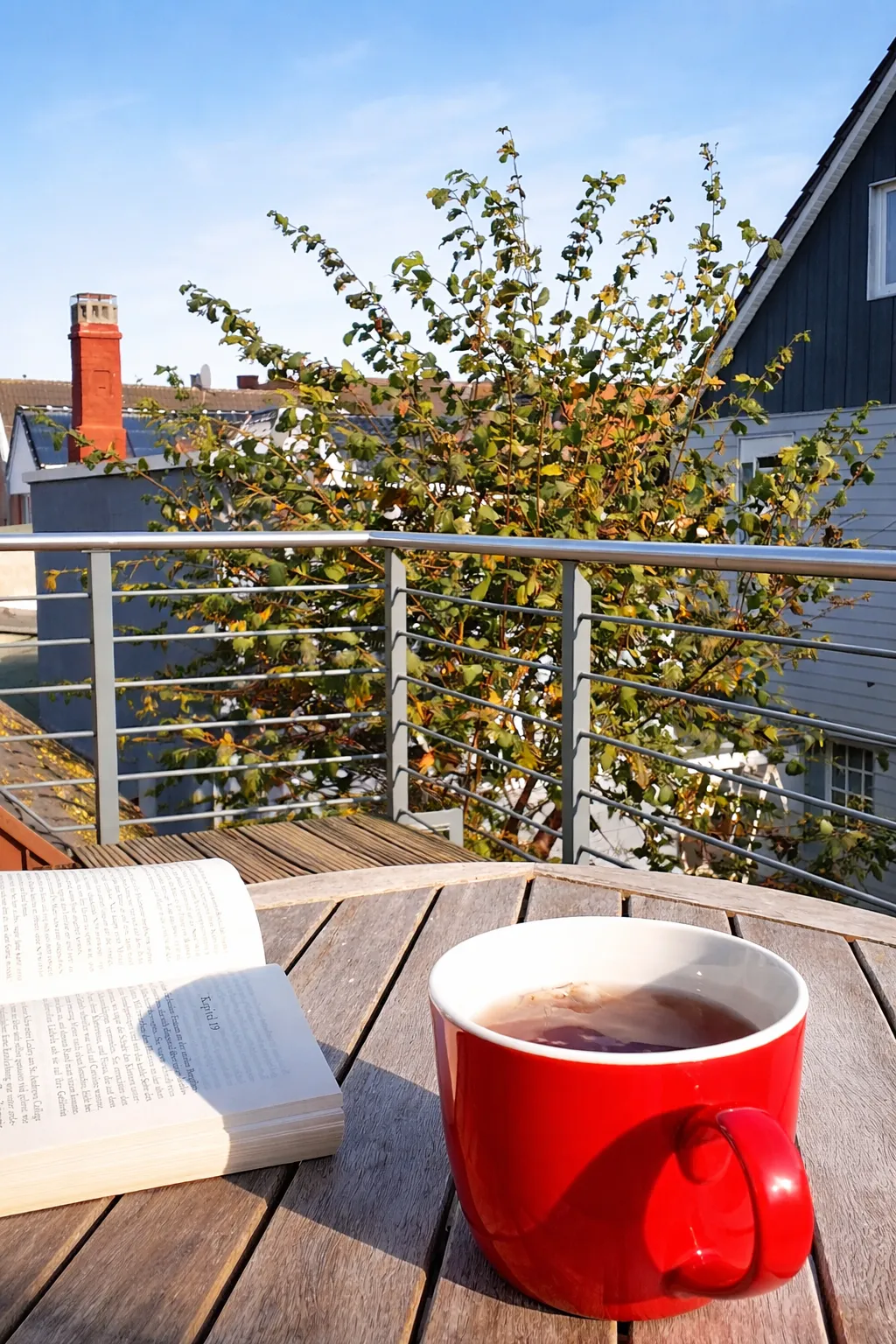 Balkon im Obergeschoss mit Kaffeetasse, Buch und Blick über die Dächer von Wyk auf Föhr