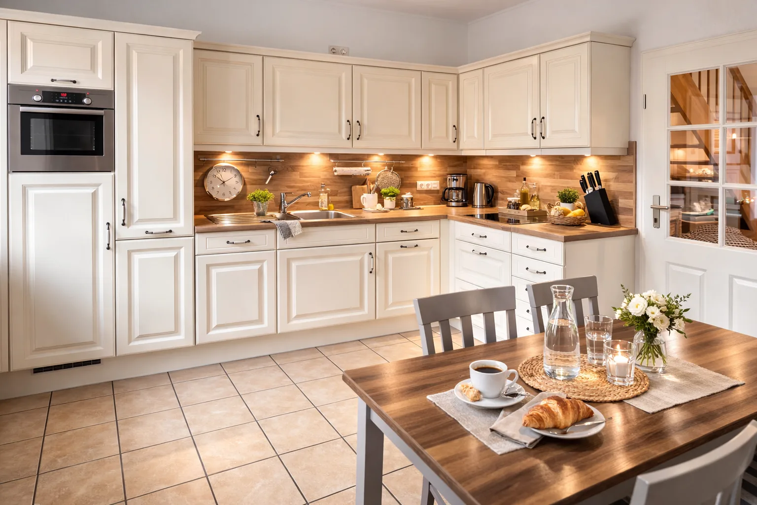 Landhausküche mit Essplatz, Backofen und Kaffeemaschine