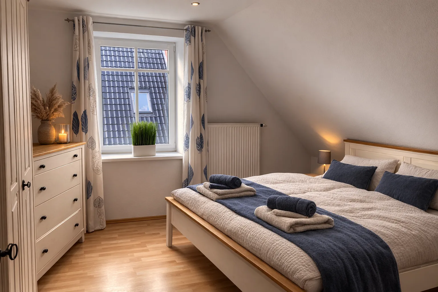 Schlafzimmer mit Doppelbett im gemütlichen Nordseestil
