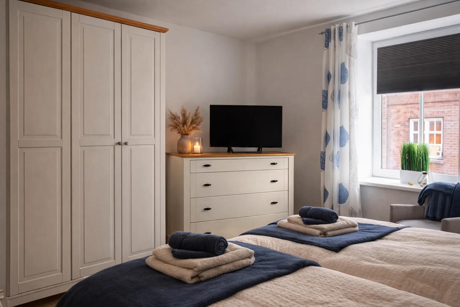 Schlafzimmer mit Kommode, Kleiderschrank und TV